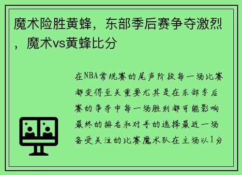 魔术险胜黄蜂，东部季后赛争夺激烈，魔术vs黄蜂比分